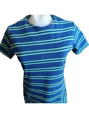 True Vintage Shirt Dress 60's Medium Blue Green Striped Back Zipper Sock Hop
